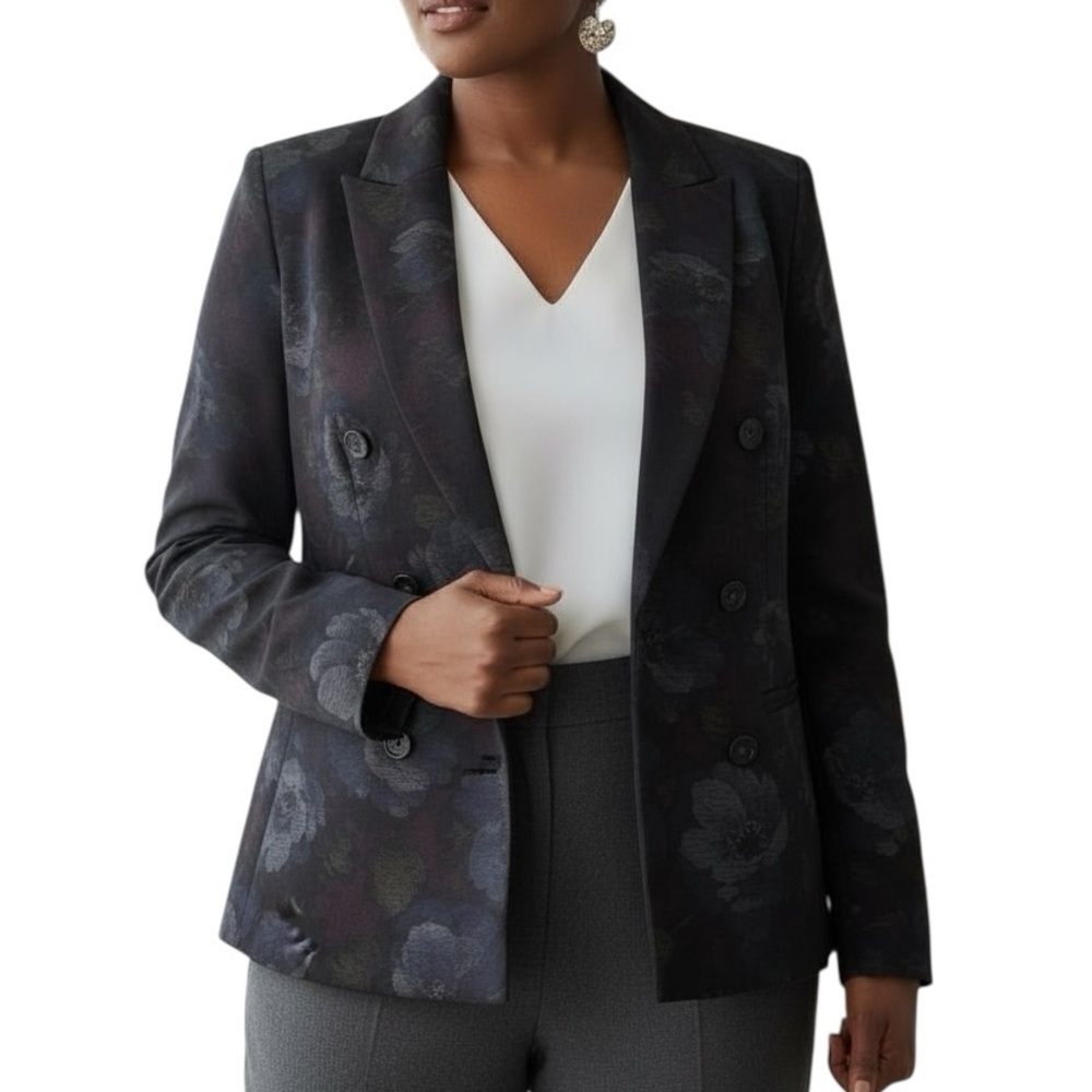 Roz & Ali 1X Black Floral Blazer Office Layering Modest Teacher Contemporary
